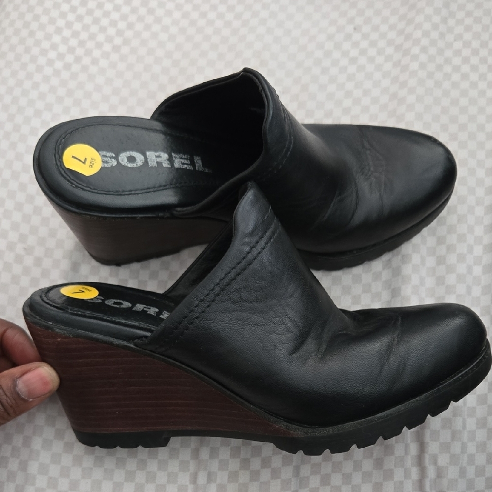 Sorel Black Leather Wedge Mule Size 7